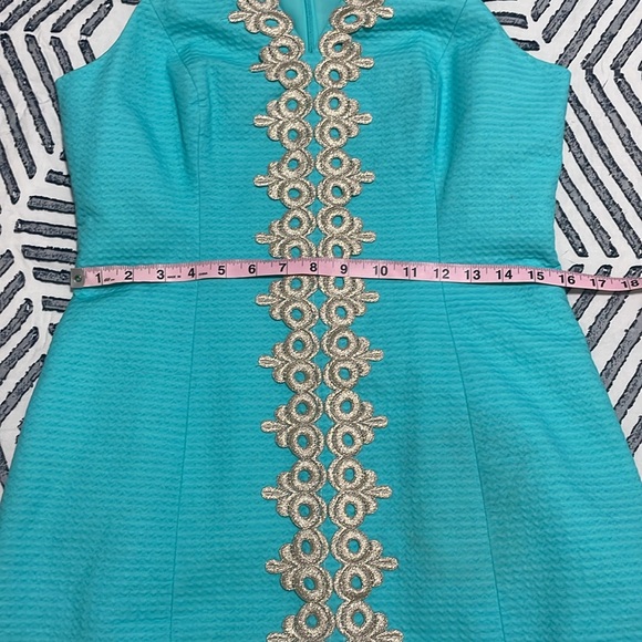 Lilly Pulitzer Pearl Seaside Aqua Metallic Gold Lace Shift Dress - Picture 5 of 7